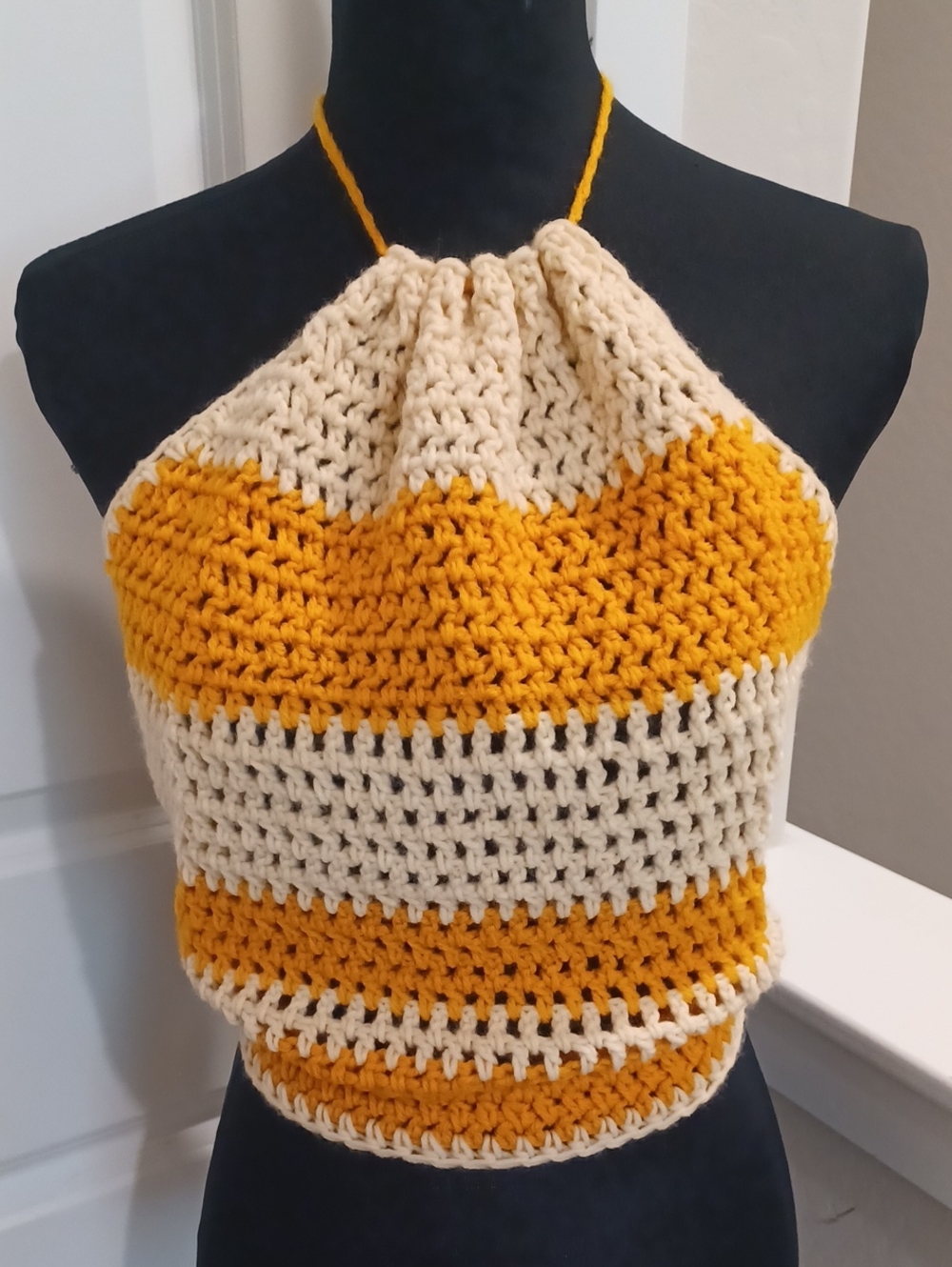 Striped Crochet Halter Crop Top in Cream and Mustard